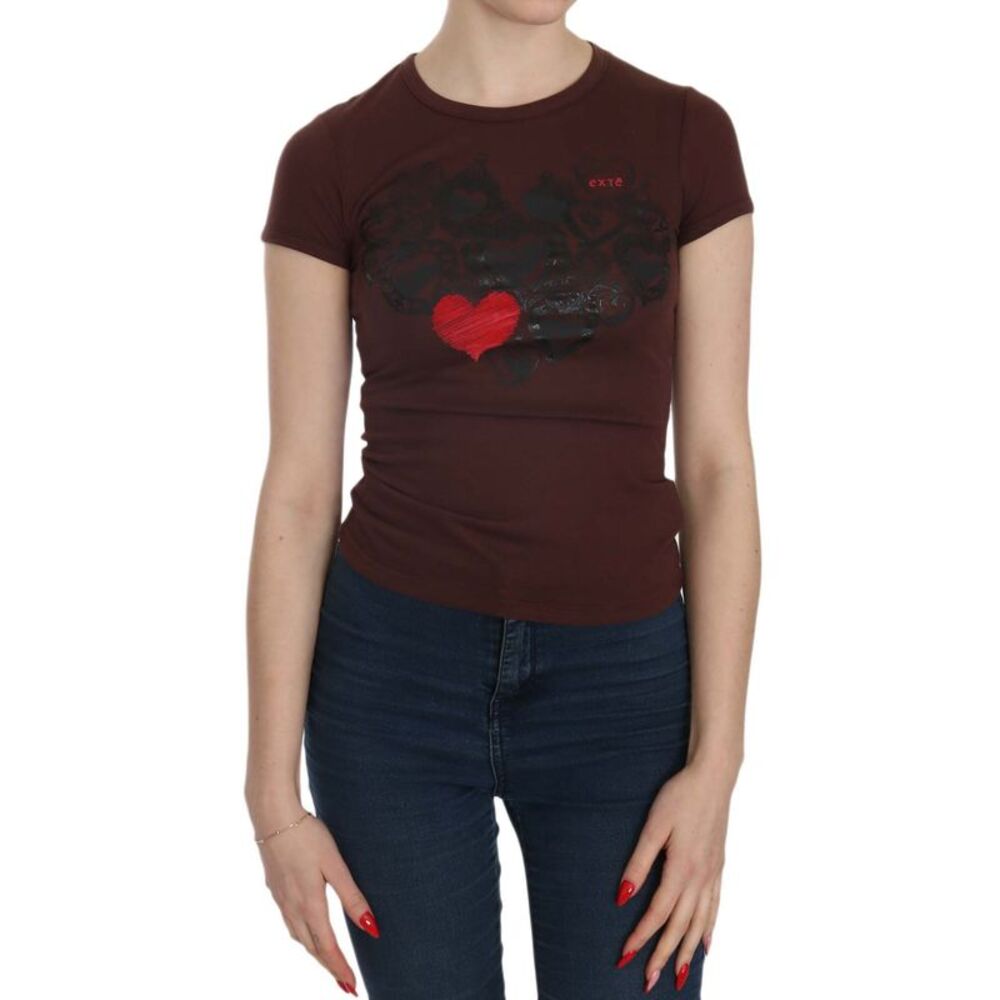 Exte Brown Hearts Short Sleeve Casual T-shirt Women's Top